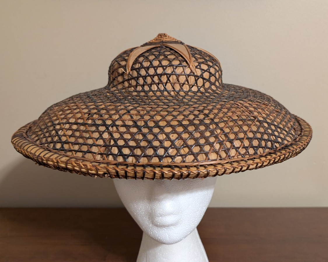 Vintage Filipino Salakot Woven Rattan and Coconut Fiber Sun Hat 15” Diameter