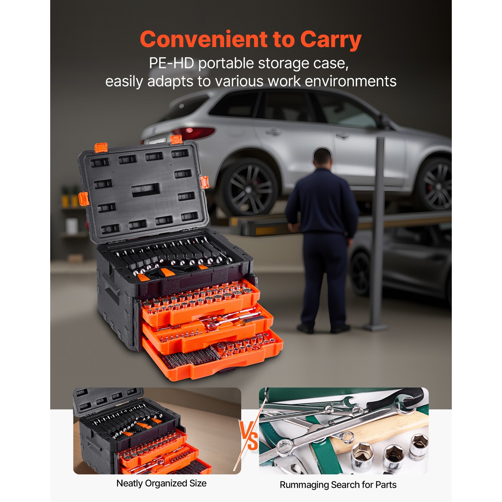 Mechanics Tool Set Socket Set 450Pcs 1/4 3/8 1/2 in Drive Orange Drawer