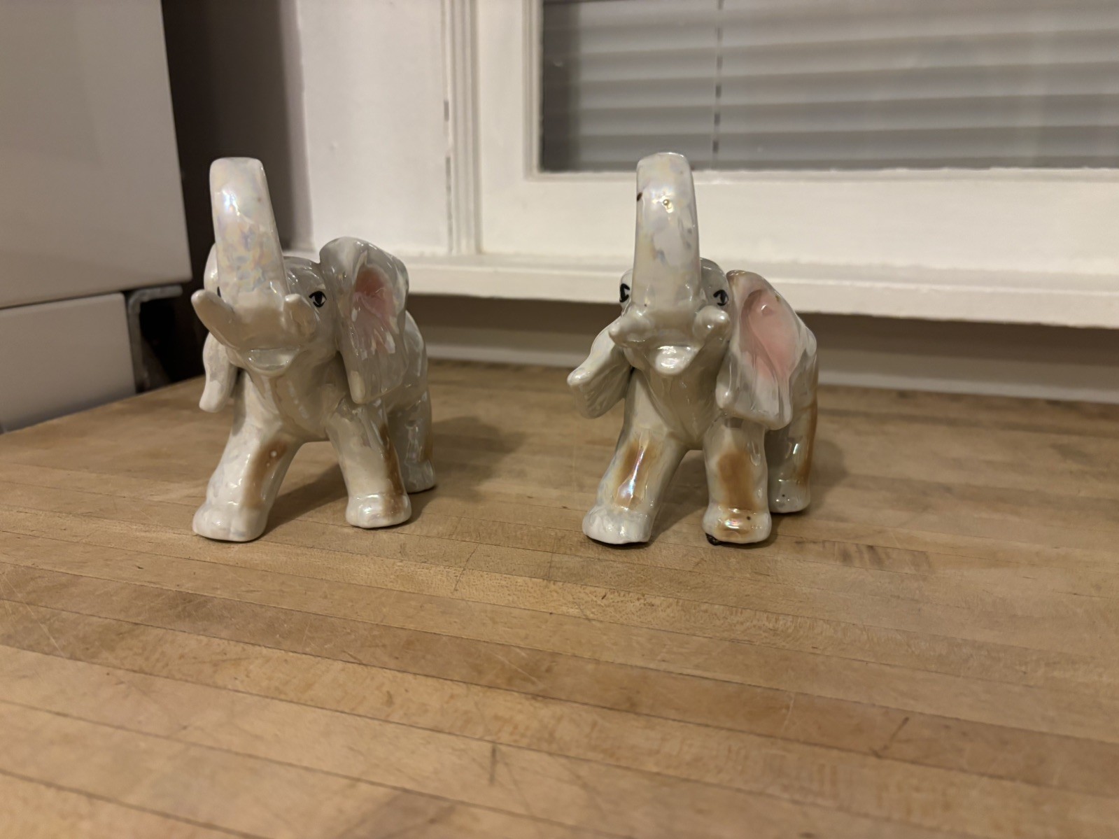 Vtg Lustreware Elephant Figurine 1950's Trunk Up LusterWare Gray & Pink MCM set