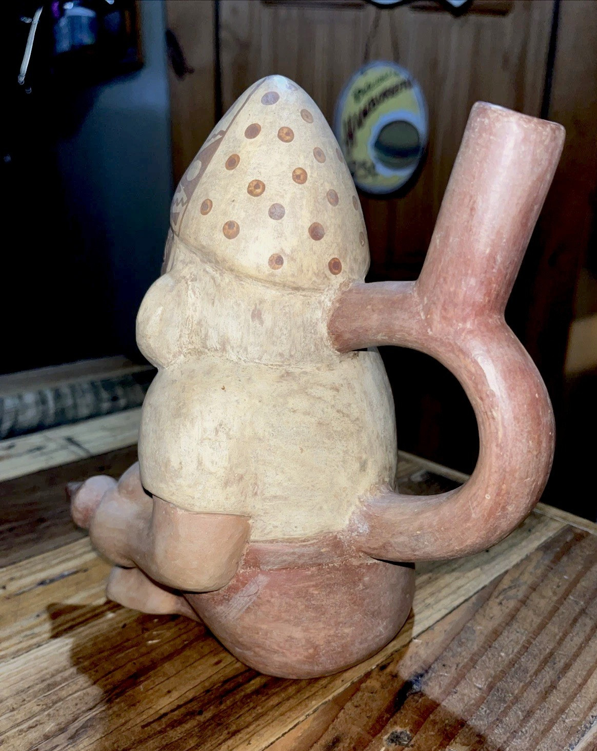 Peruvian Moche Pichu Style Pottery Stirrup Spout Vessel 8 1/2" Kneeling Warrior