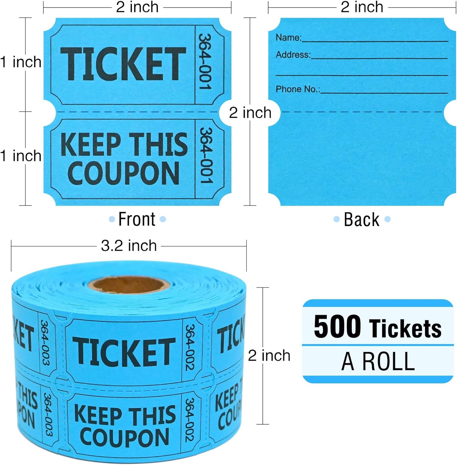 500 Raffle Tickets Double Roll, Raffle Tickets Roll with Name and Phone Number,