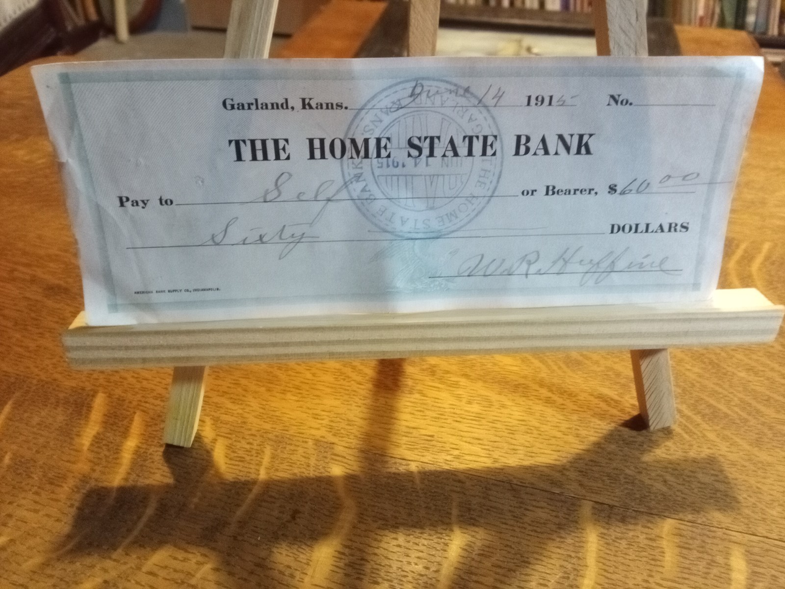 The Home State Bank Garland Kansas Signed Check 1915 $60 Signed Huffine