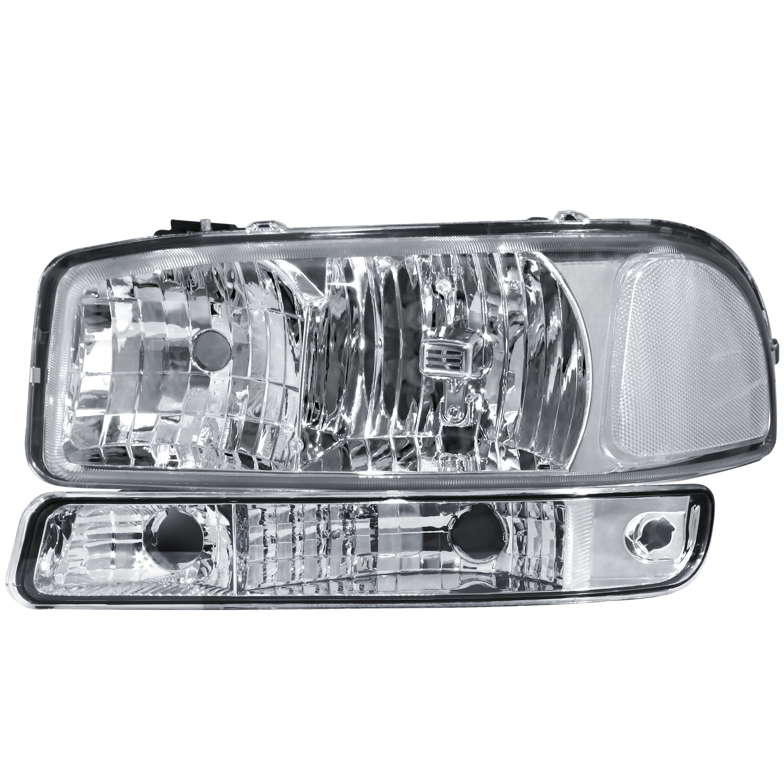 Pair Chrome Headlights w/ Bumper Lamps For 2000-2006 GMC Yukon Sierra 1500 2500