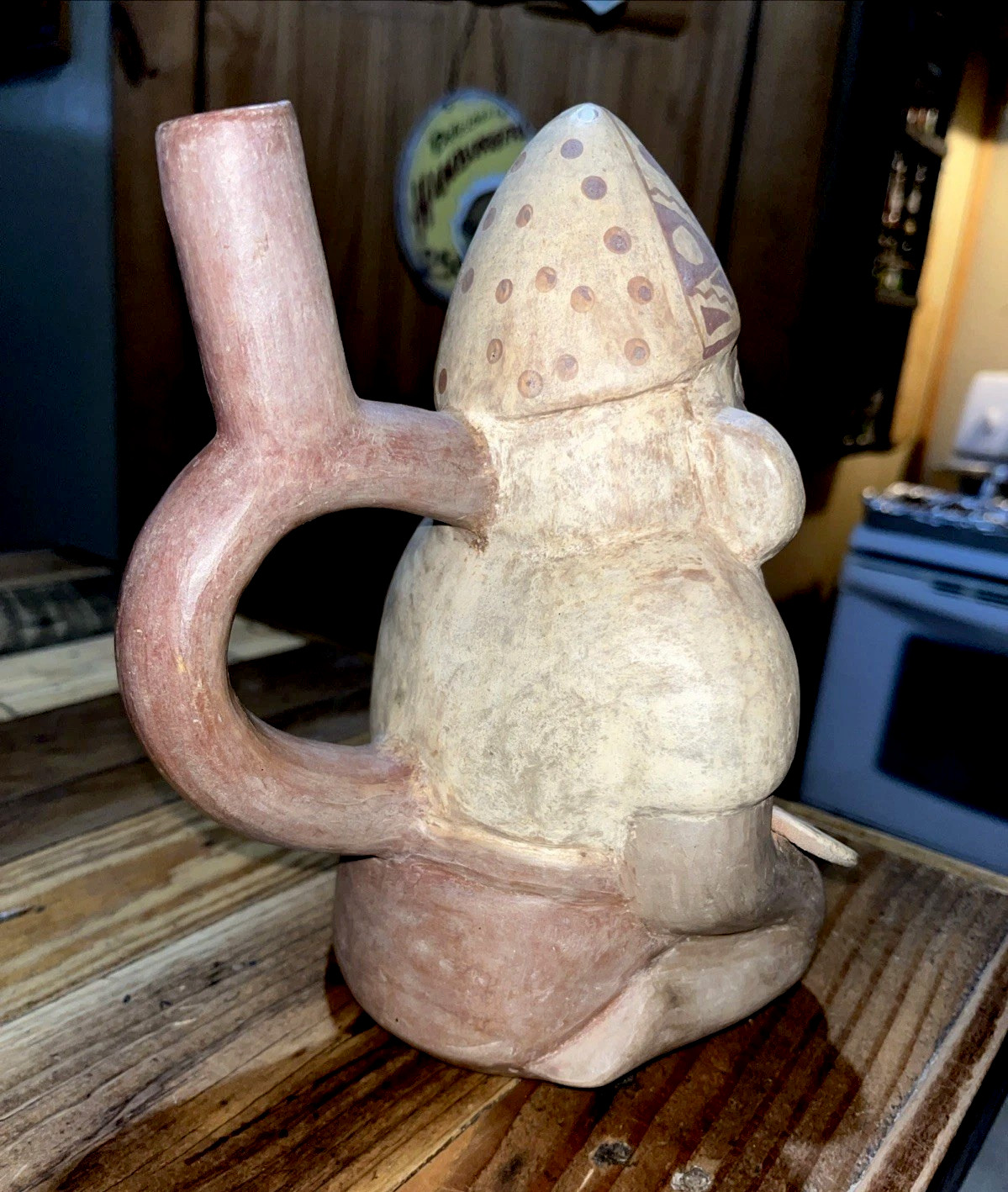 Peruvian Moche Pichu Style Pottery Stirrup Spout Vessel 8 1/2" Kneeling Warrior