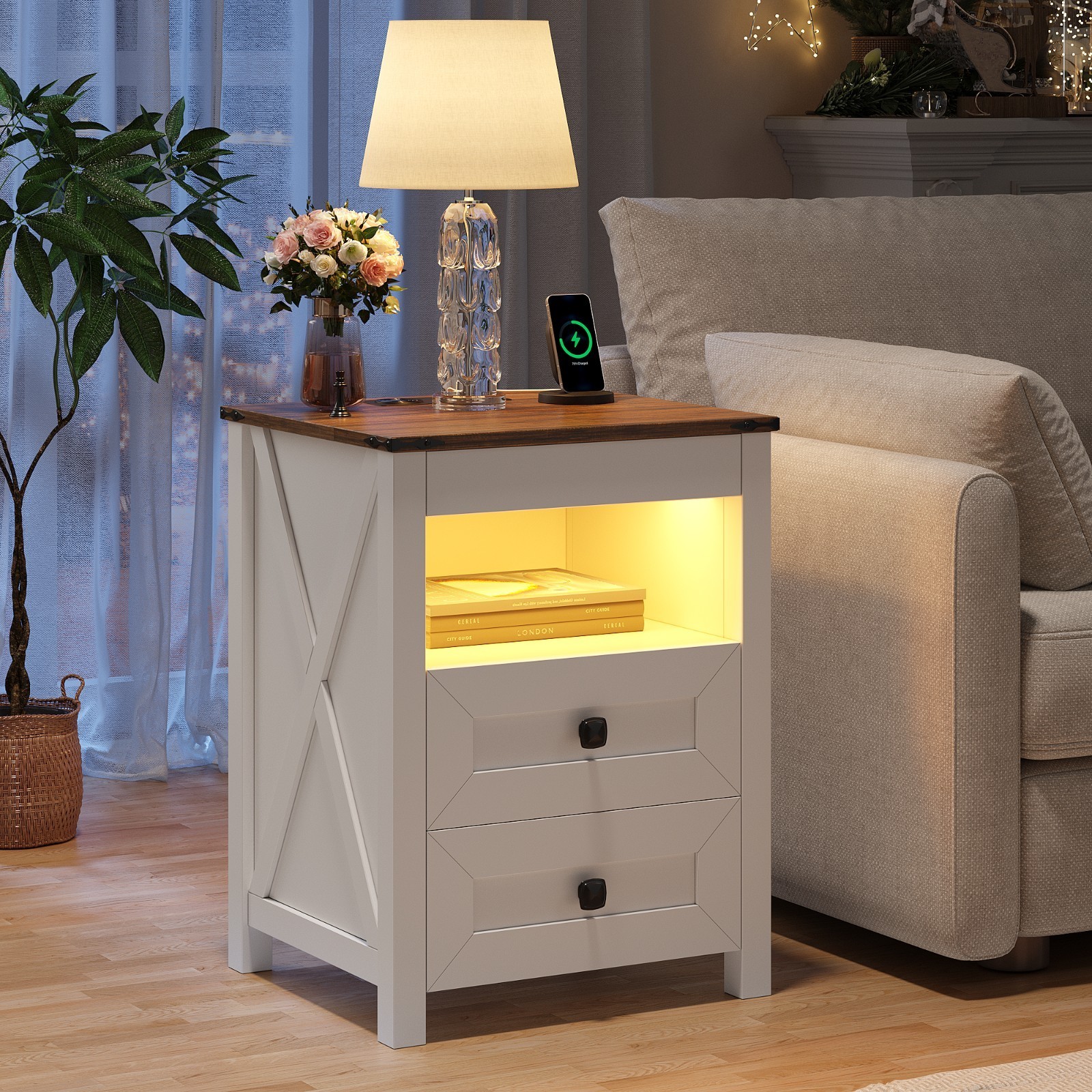 Night Stand with Gun Drawer, Bedside Table with Charging Station and LED Lights