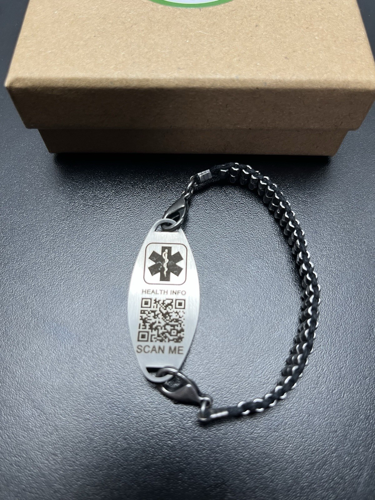 TheLuckyTag QR Code Medical Alert Bracelet Black Stainless NIB