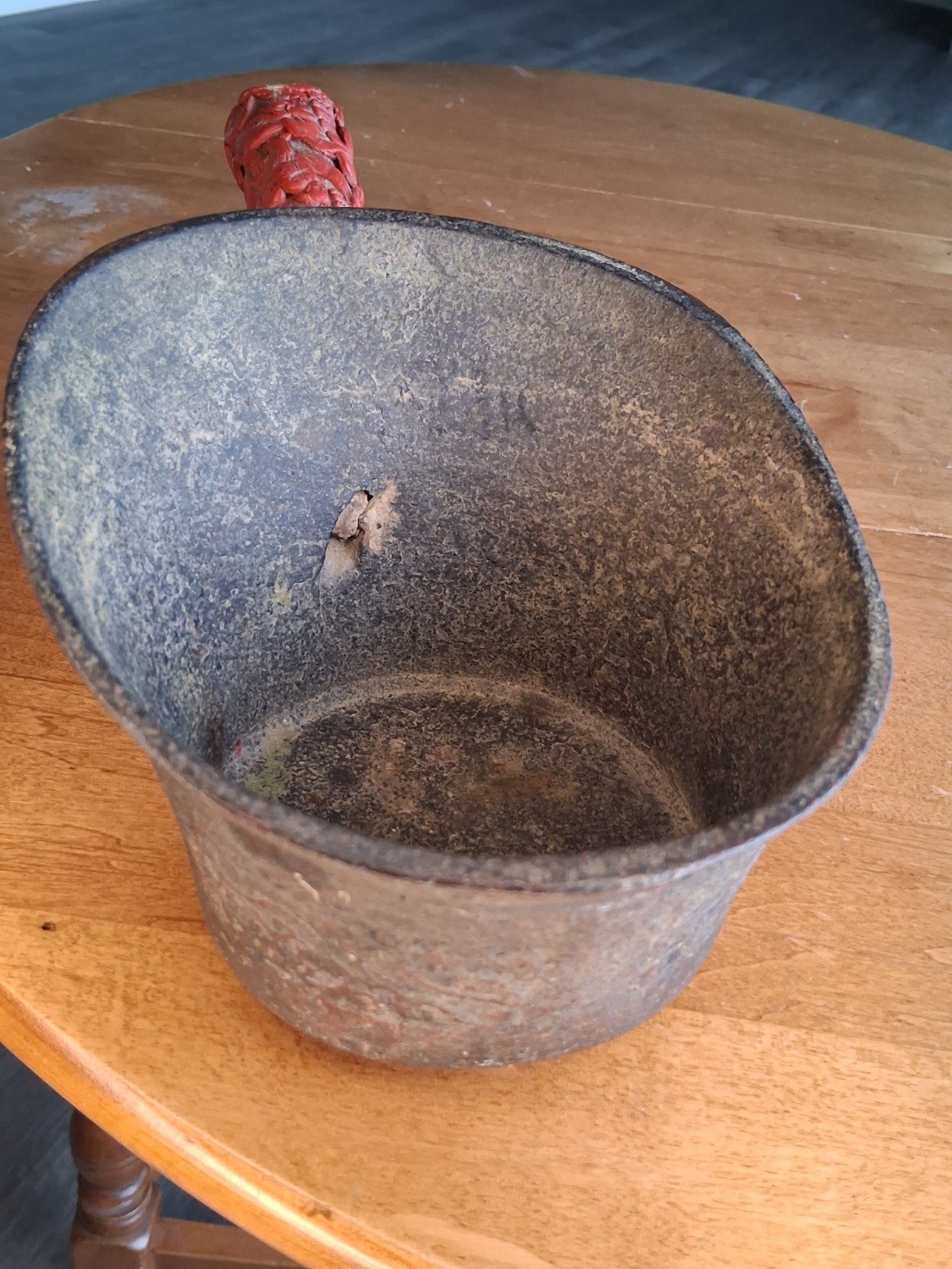 Antique 12" Big Chinese Bronze Silk Iron w/ Carved Cinnabar Handle, Hole Shown