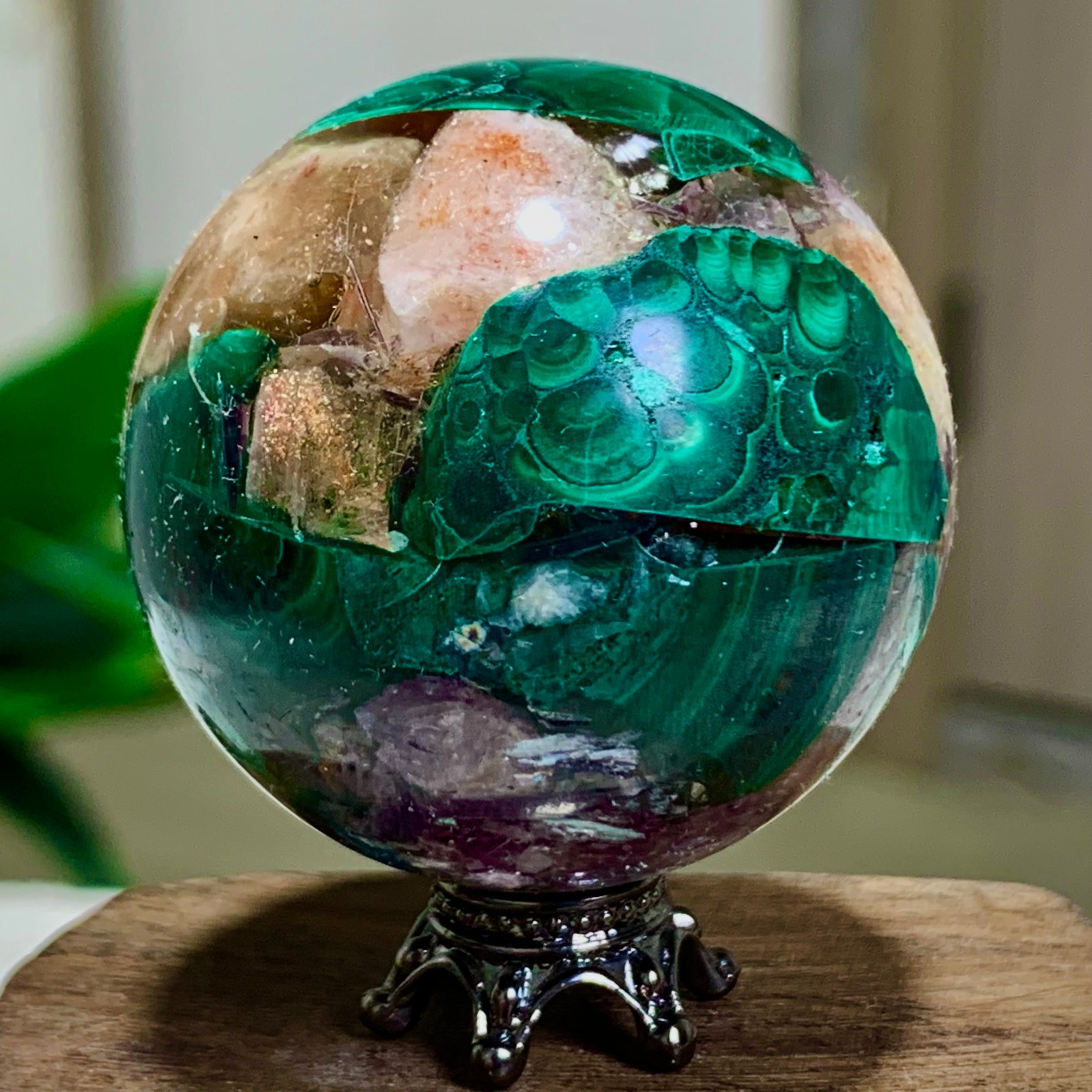 84G Newly discovered rare malachite purple mica symbiotic sphere restoration