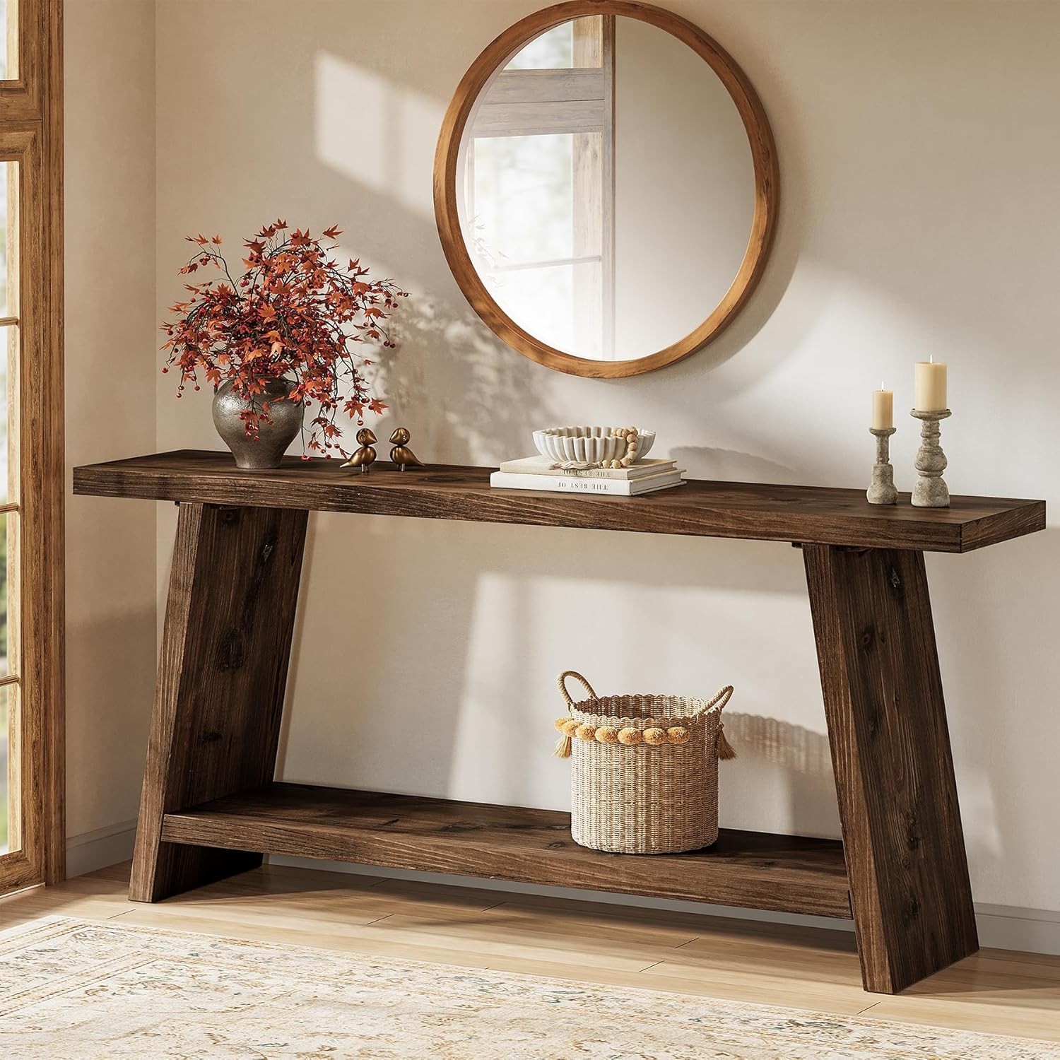 70.9 Inch Solid Wood Console Table 2-Tier Farmhouse Narrow Entryway Sofa Table