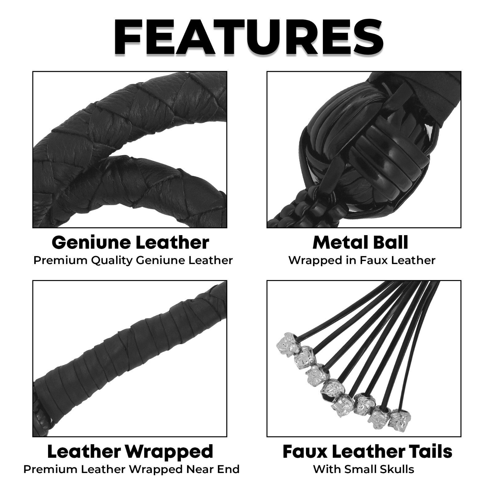 42" Leather Motorcycle Get Back Whip 1 Ball & Skulls Handlebar Black Biker Whip