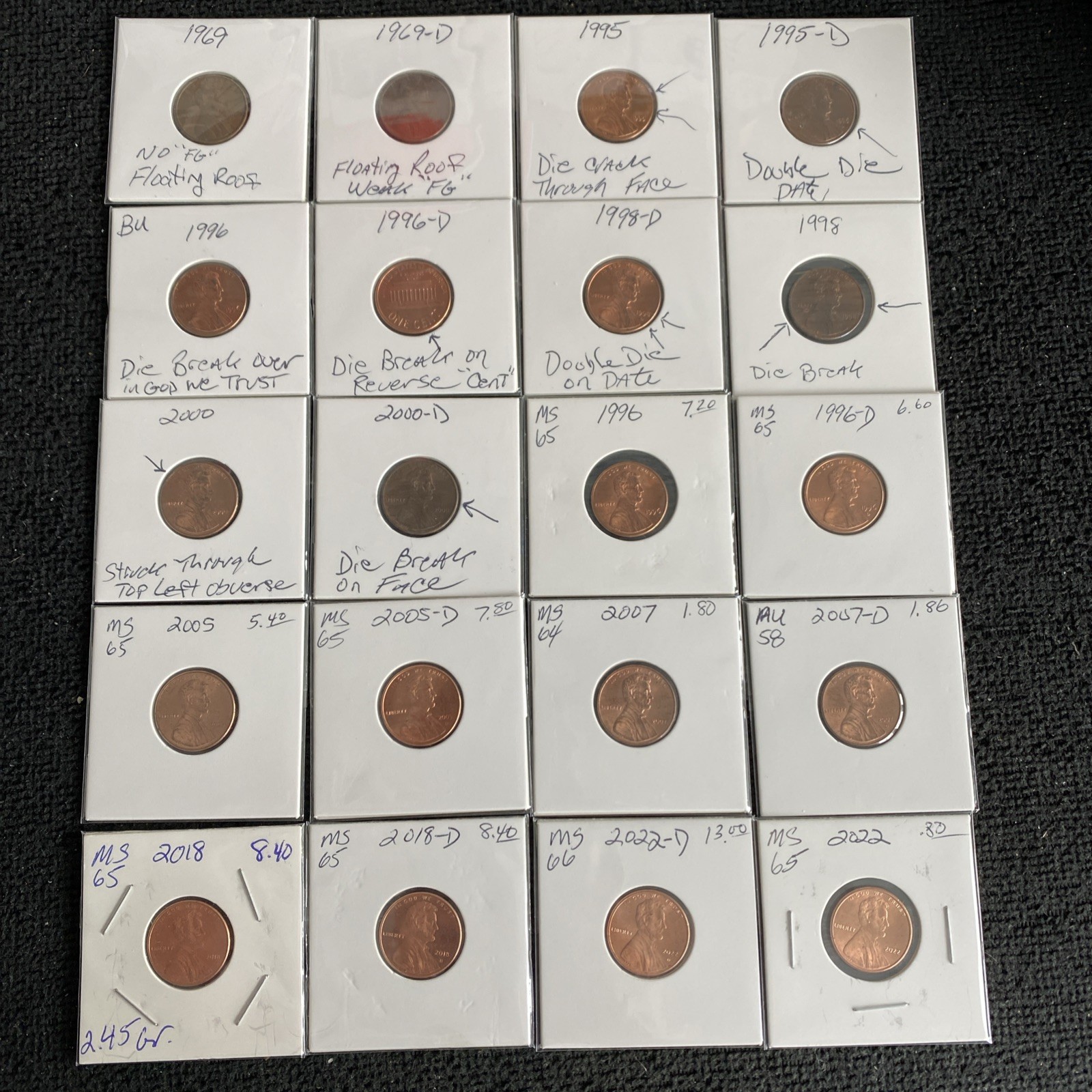 LINCOLN CENT P/D Lot of 10 Red BU 1996-2022 & A Lot of 10 1969-2000 Error Coins