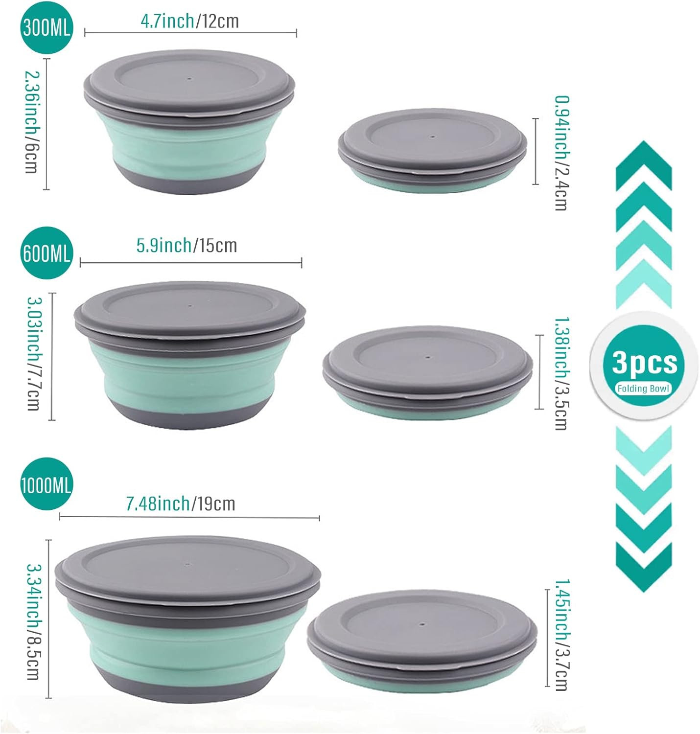 Collapsible Bowls, 3Pcs Food Grade Silicone Camping Bowl Salad Bowl with Lids, P