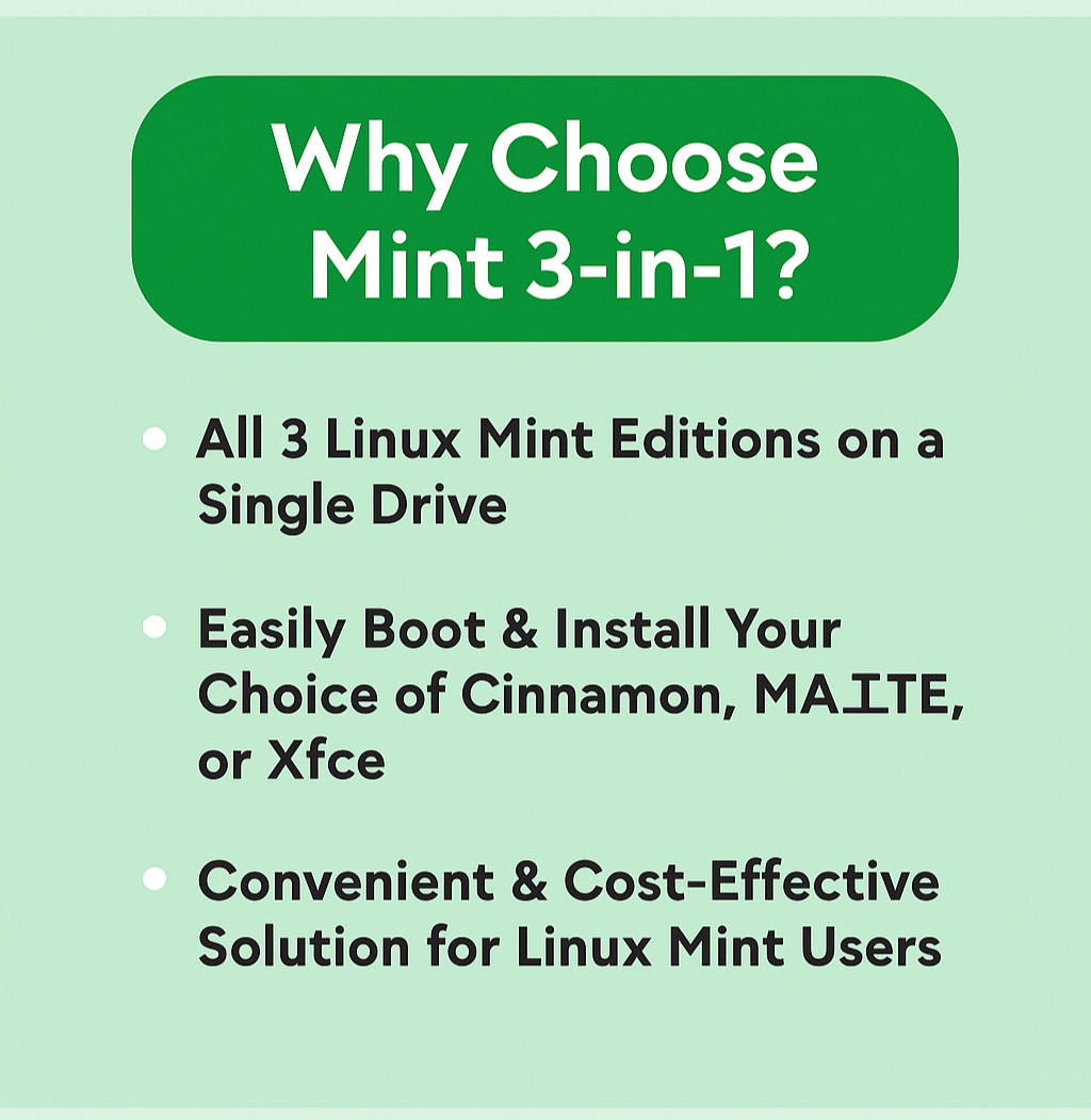 Linux Mint 22.2 3-in-1 Bootable USB (Cinnamon + MATE + Xfce) 64-bit Linux OS USB