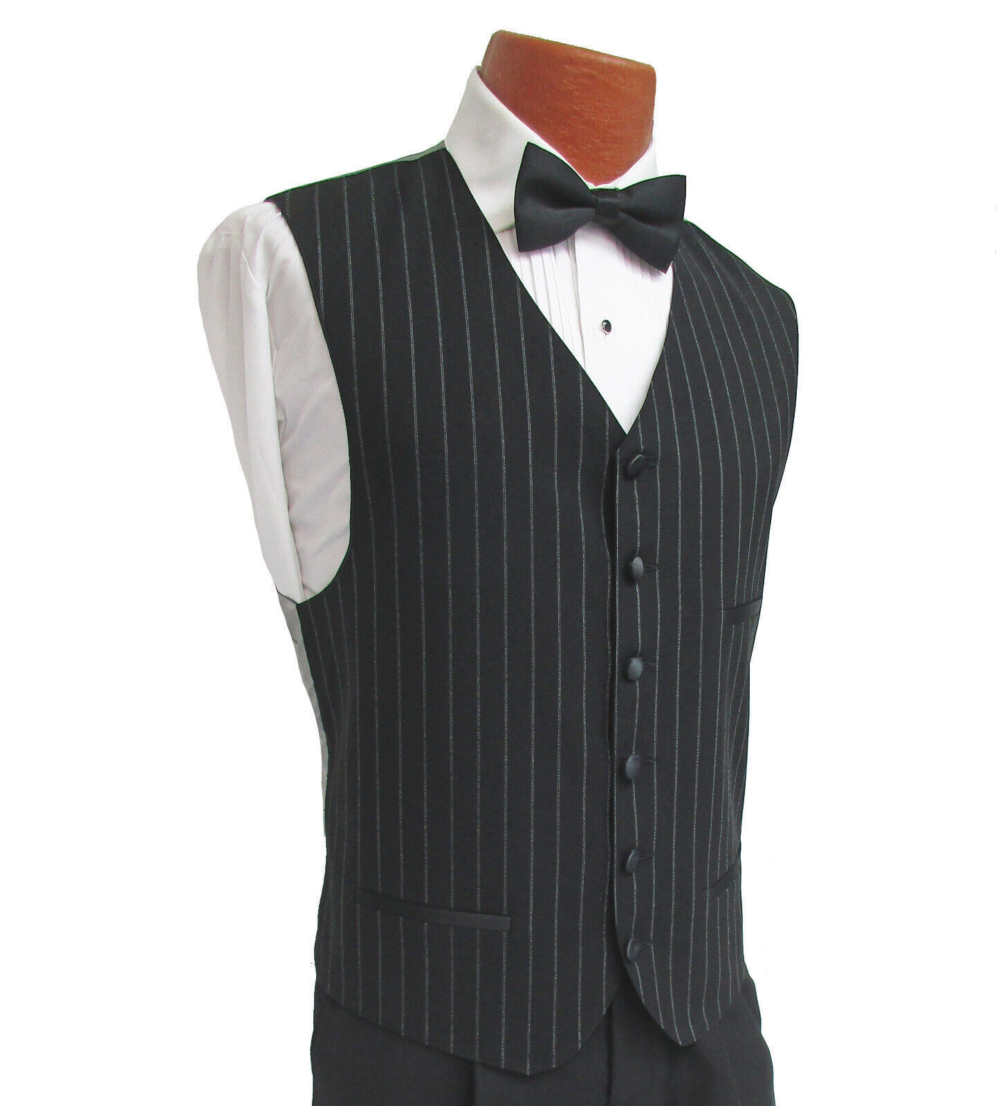 Men's Ecko Black Tuxedo Vest Set with Bow Tie Pinstriped Wool - Size Medium