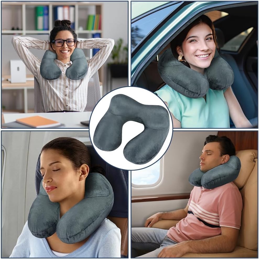 Inflatable Neck Travel Pillow Soft Velvet Ergonomic Airplane Car Grey