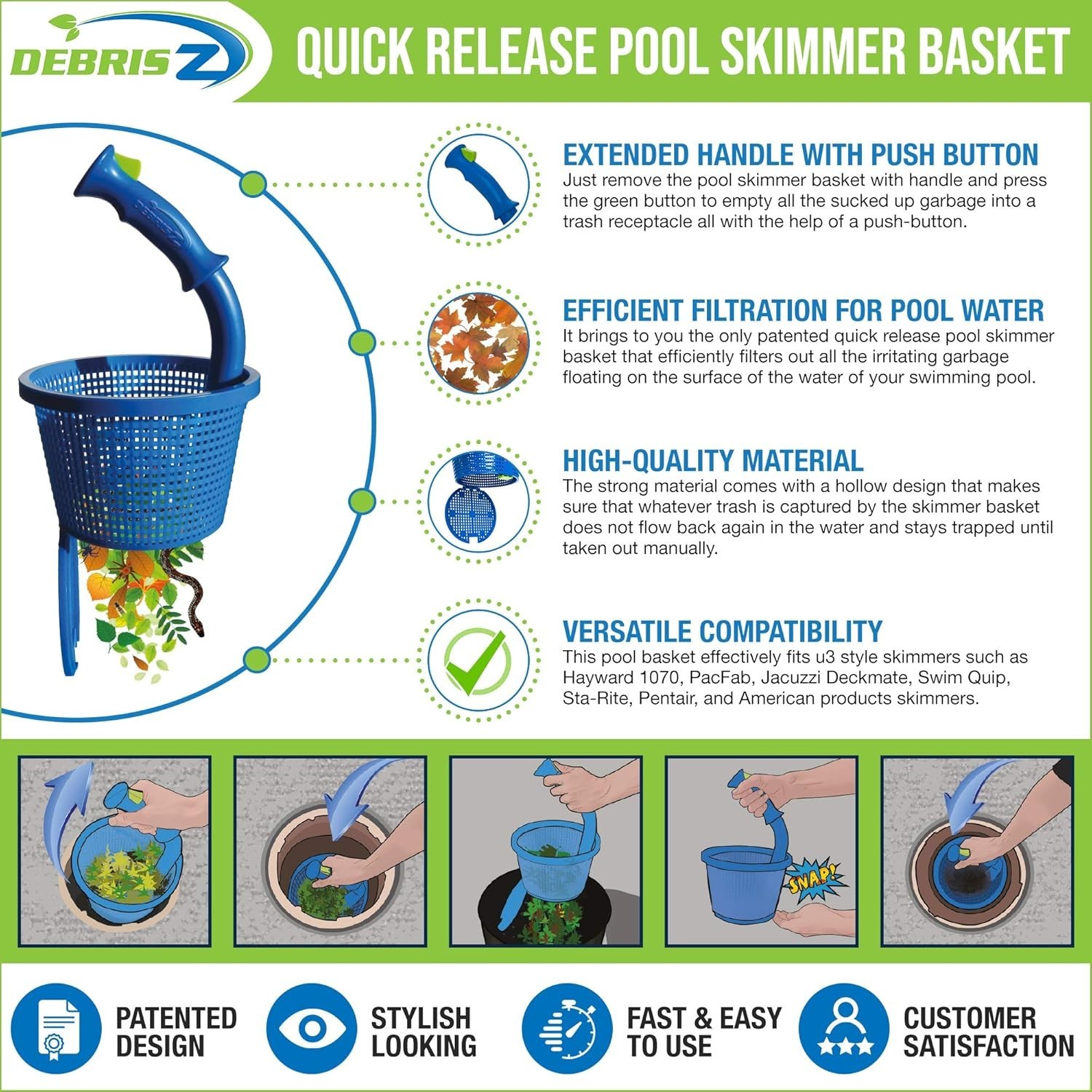 Inground Pool Skimmer Basket with Patented Handle & Advanced Suction System