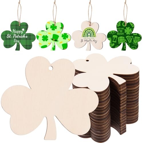 60 Pcs Unfinished Shamrock Wooden Ornaments Wooden St. Patrick's Day Cutouts