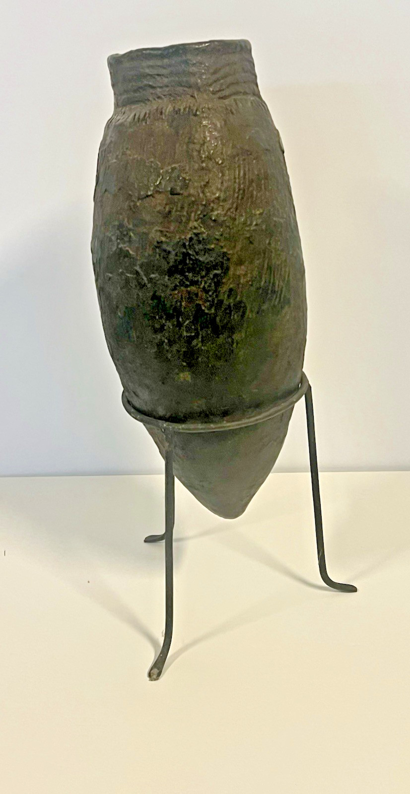 Antique Native American Indian Hand Made Clay Pottery Jug; with Stand