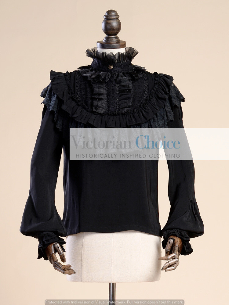 Victorian Edwardian Gothic High Collar Black Blouse Shirt Steampunk Witch B008