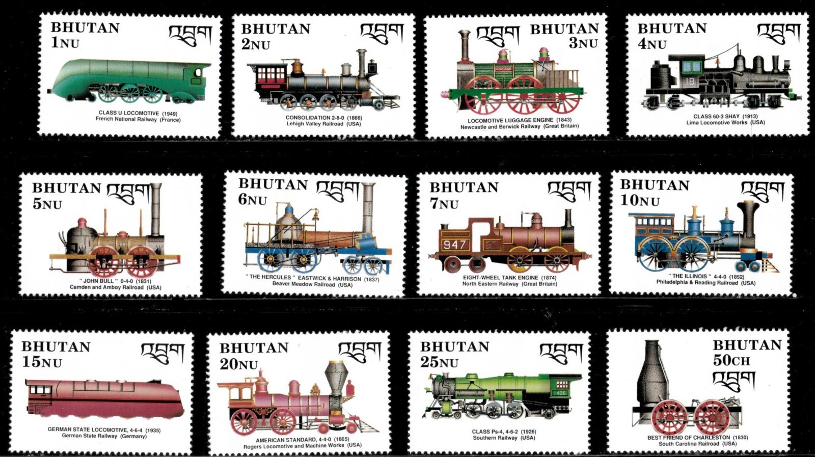 Bhutan 1990 - Trains - Set of 12 Stamps - Scott #798-809 - MNH