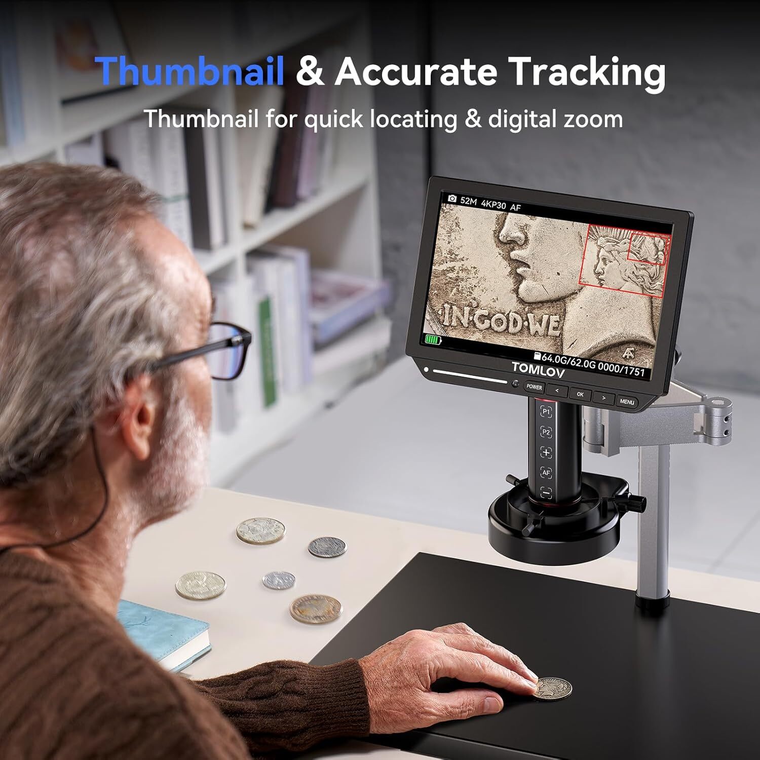 TOMLOV 10.1" 4K Autofocus HDMI Digital Microscope 52MP Error Coin Microscope 64G