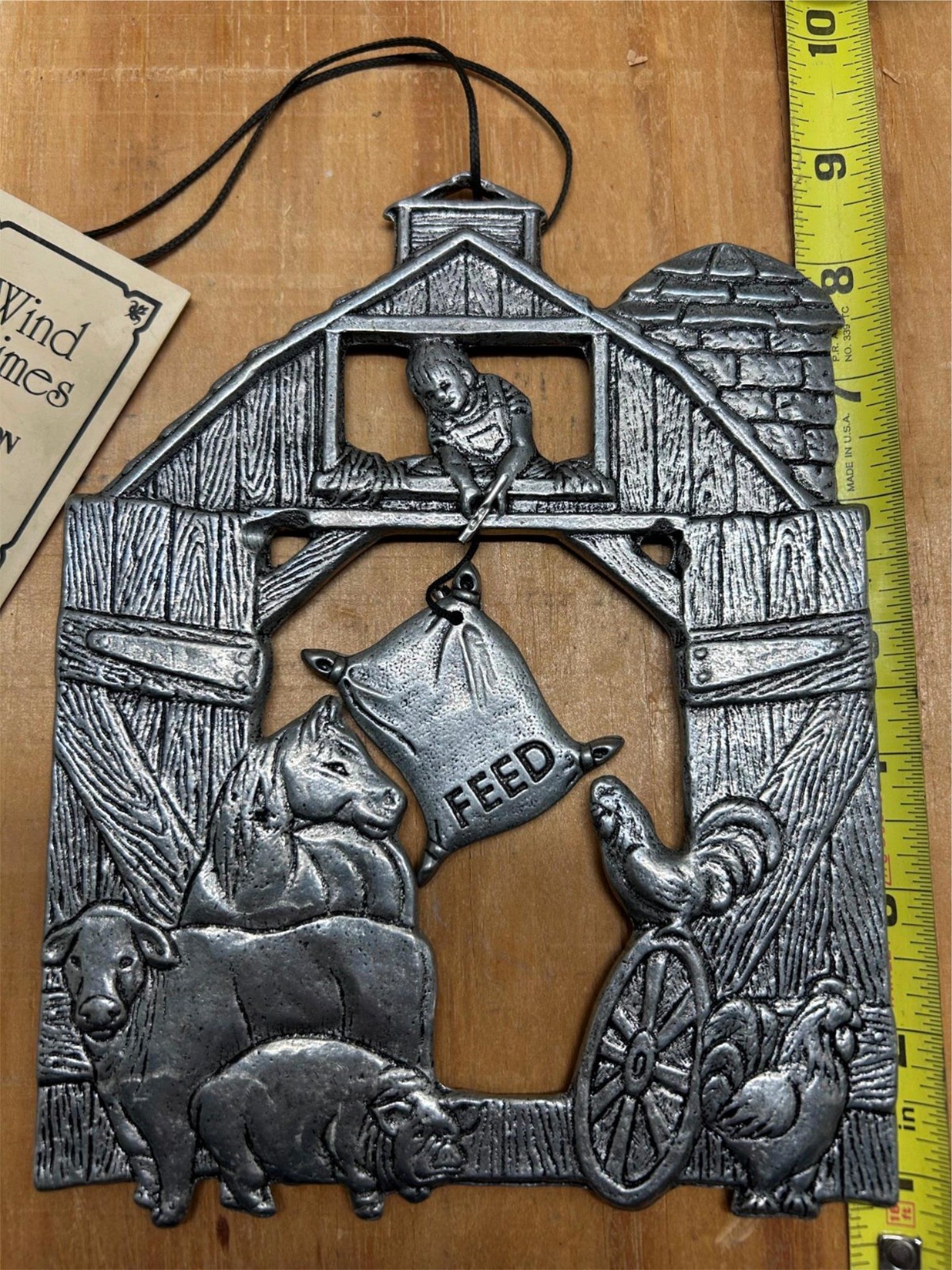 COOL 1990s CARSON WIND CHIME NOS BARN W/ BOY & FEED SACK COW CHICKENS HORSE PIGS