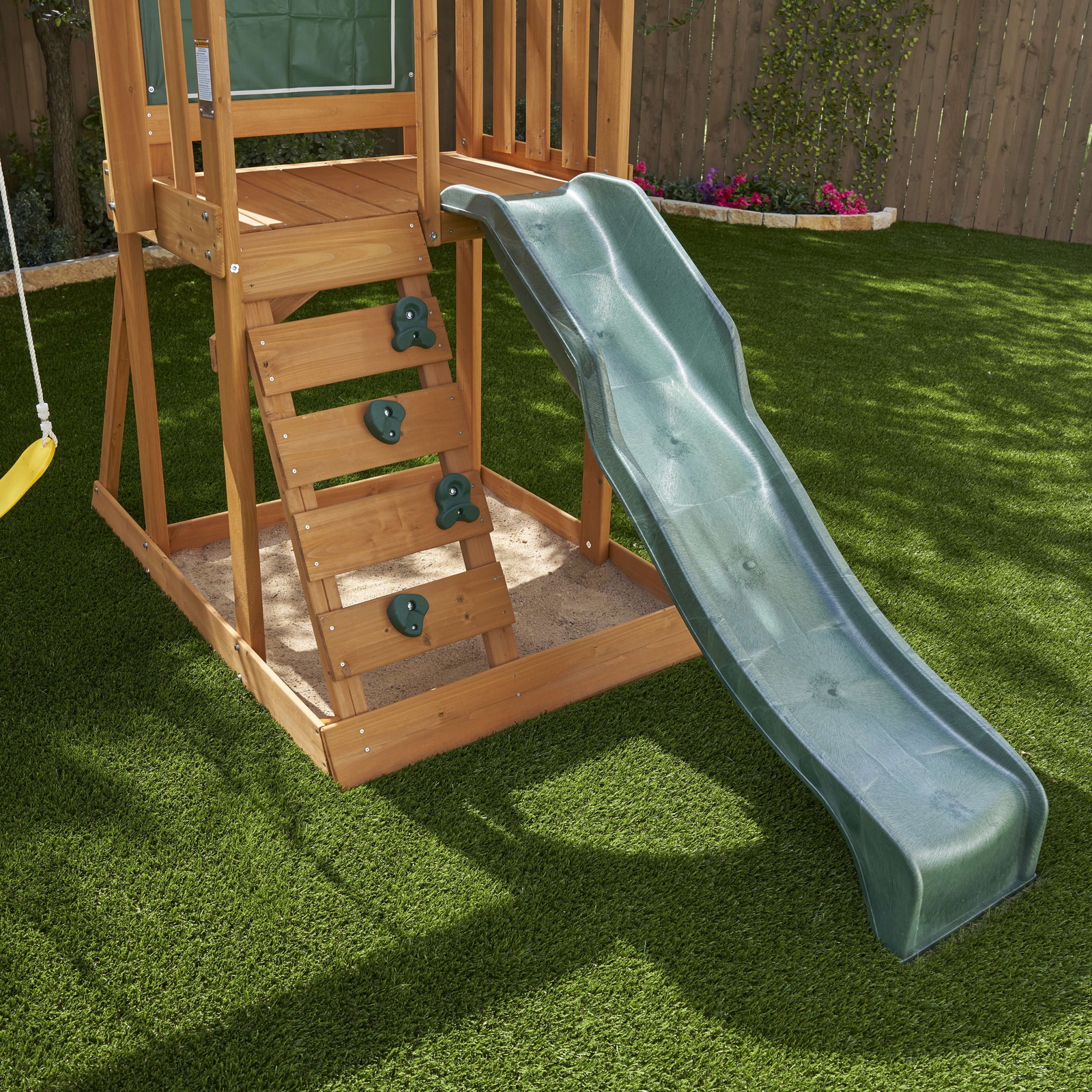 Wooden Swing Slide Set Cedar Outdoor Playground Chalk Wall Sandbox Rockwall New