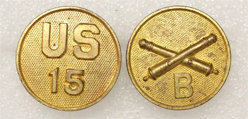 Btry B, 15th Field Artillery set - Army Enlisted Collar Disc, 1920's, gilt, s/b