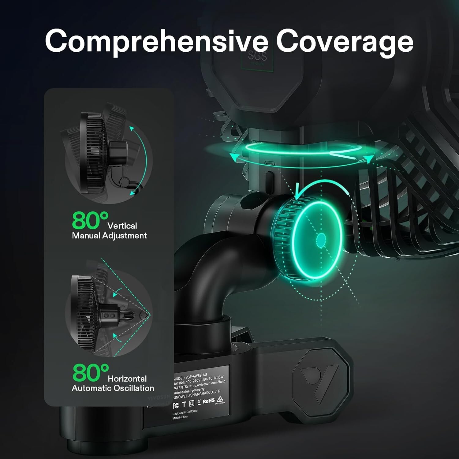 AeroWave E9 Clip-on Fan,EC Motor, Auto Oscillation Fan,Air Circulator,Black