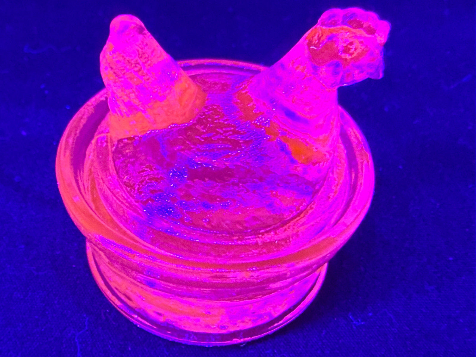 Blue Vaseline uranium glass Hen Chicken on nest basket eggs / salt cellar orange