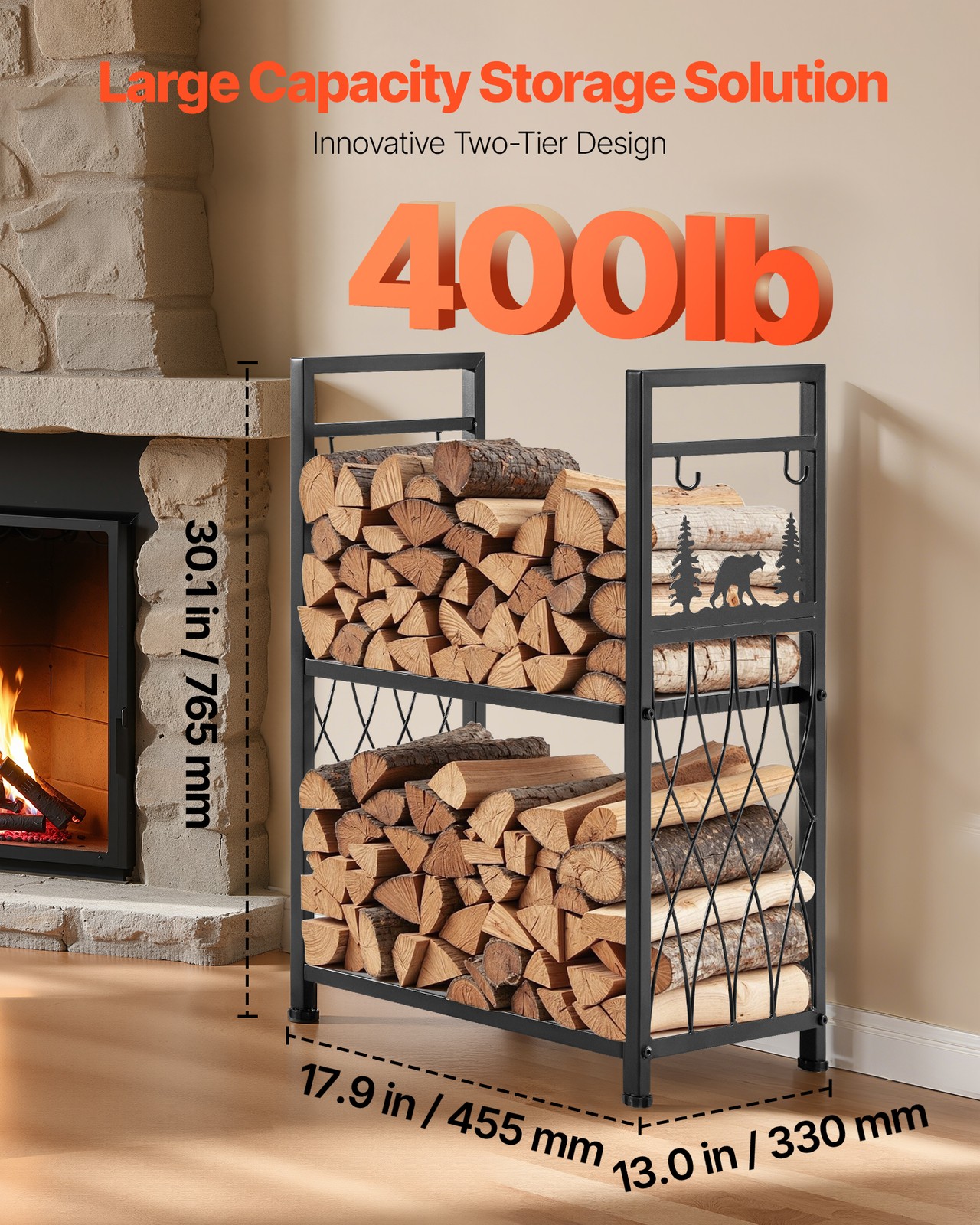 VEVOR 2 Tier Indoor Firewood Rack with Fireplace Tools 1.3 ft Log Wood Holder