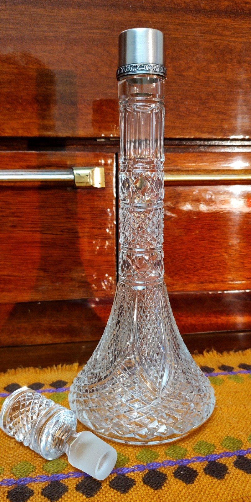 Vintage crystal decanter with sterling silver finial 875°,USSR,height 33 cm