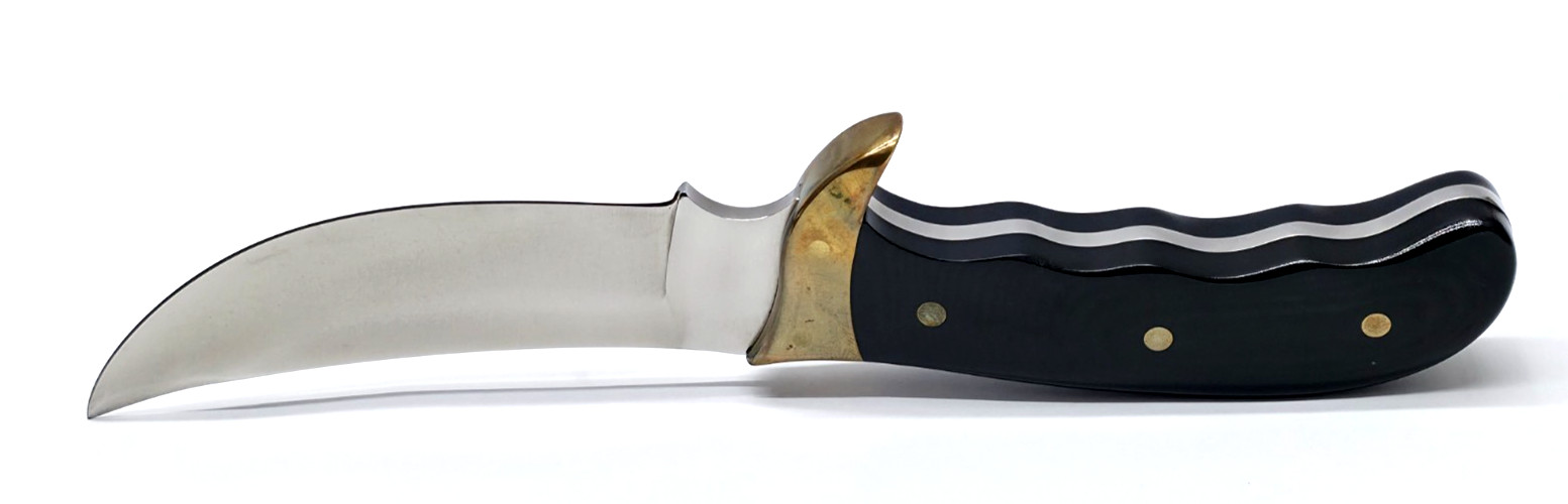 Buck Kalinga knife with black handle and brown leather sheath