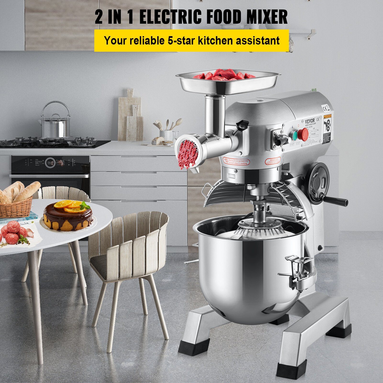 VEVOR Commercial Food Mixer with Meat Grinder 20Qt 3 Speeds Pizza Bakery 1100W