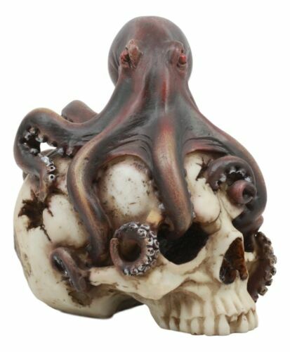 Sea Monster Red Eyed Octopus Wrapping Around Skull Statue 5.25"h Nautical Decor