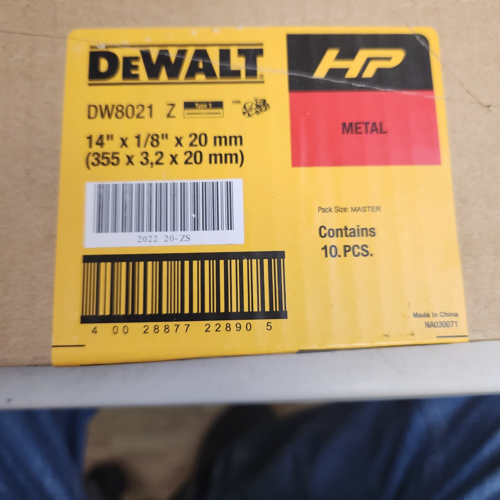 DEWALT DW 8021 14" X 1/8" X 20mm Metal Cutting High Speed Cut-Off Wheel 10 Pack