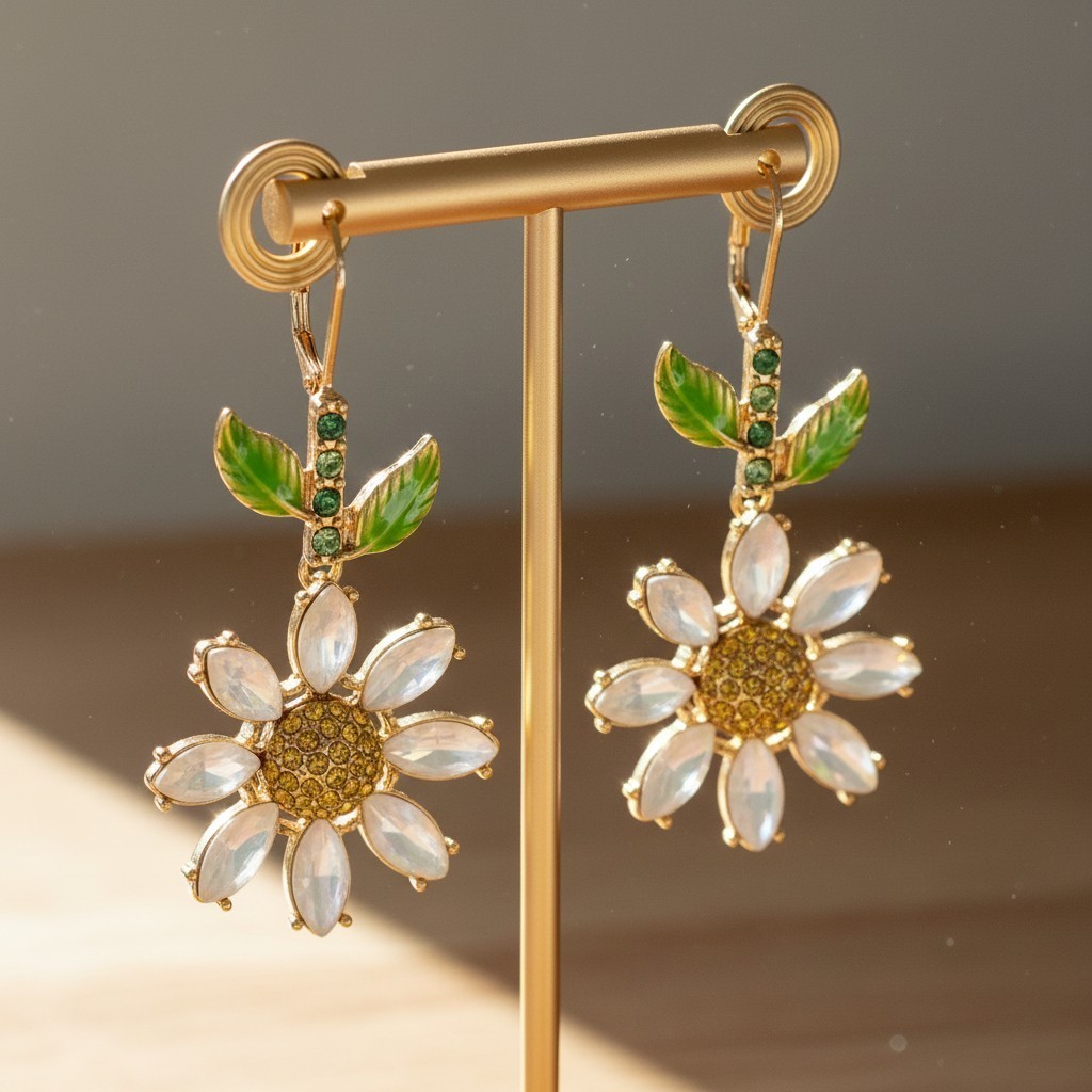 Betsey Johnson Earrings Gold Tone Crystal Daisy Drop Floral Leverback