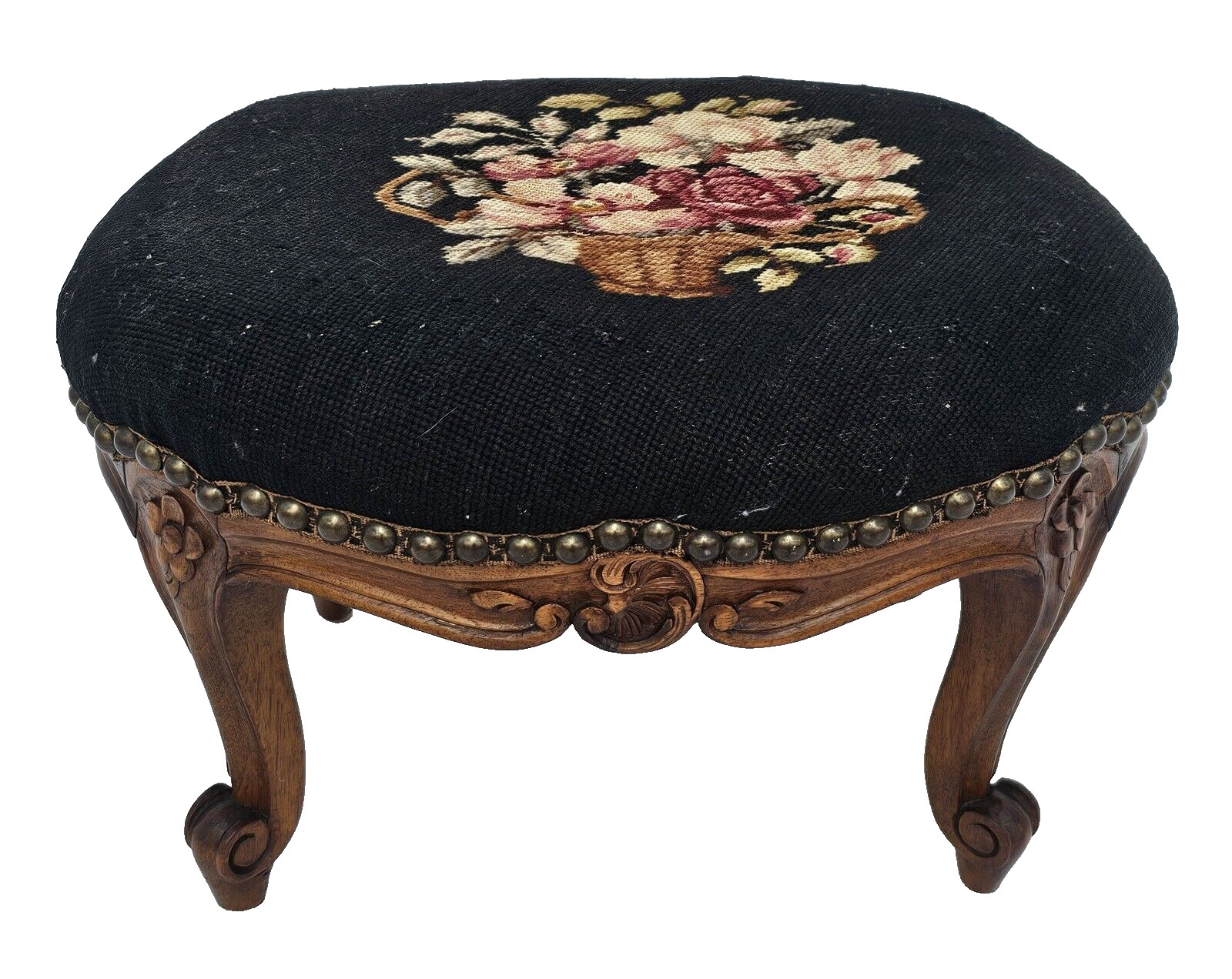 Antique 1930s French Louis XV Footstool – Carved Wood Cabriole Legs Needlepoint