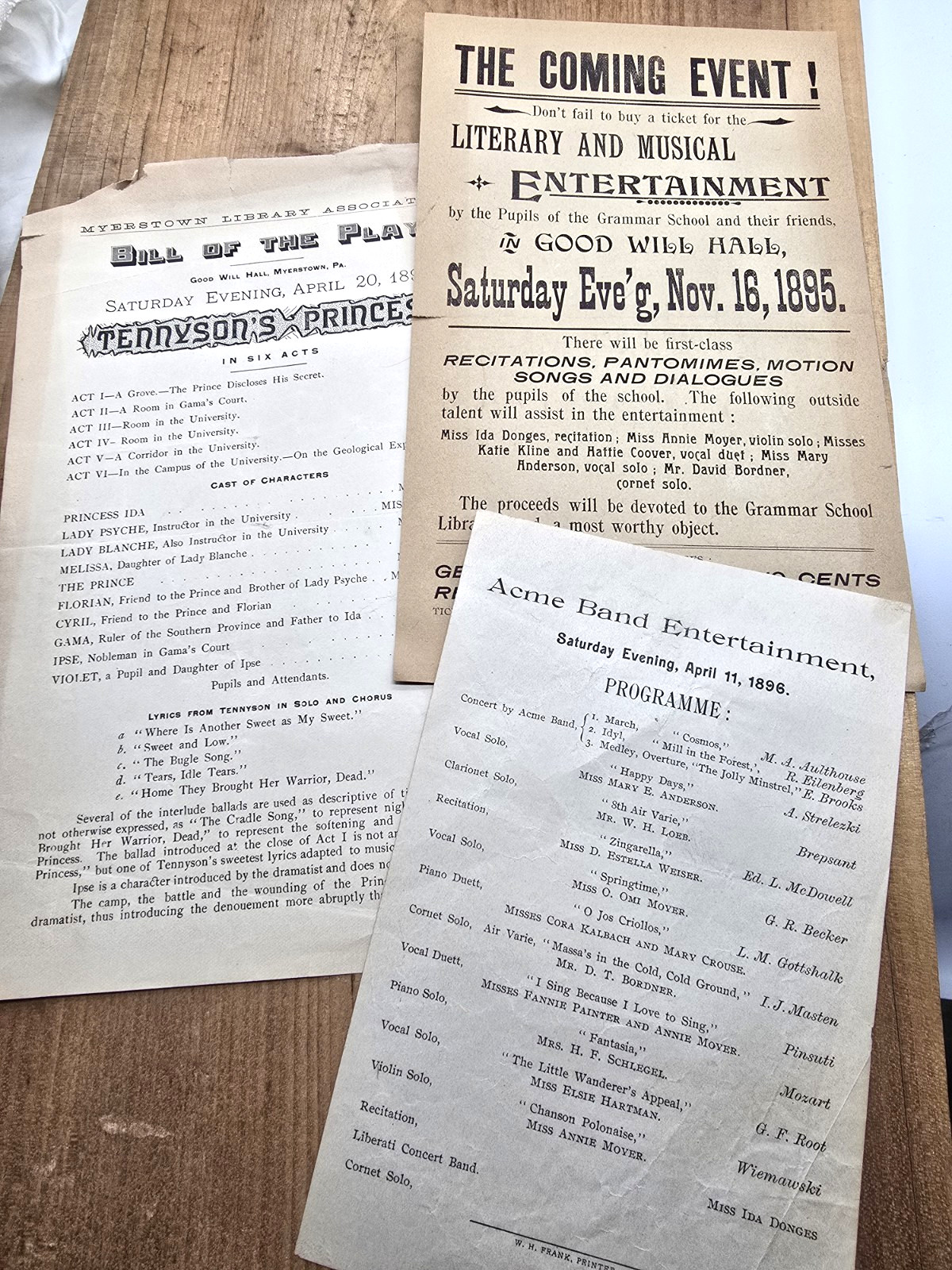 3 antique flyer Playbill 1895 1896 Myerstown PA Good Will Hall Lebanon Tennyson