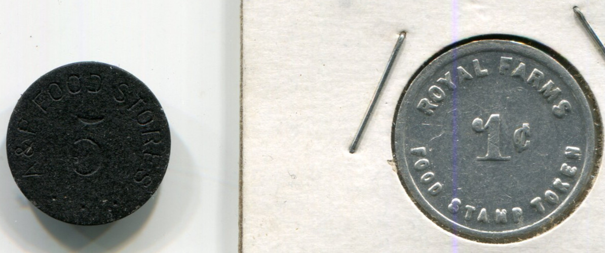 Vintage Depression USDA Food Stamps Lot 1 & 5 Cent 2 Tokens Lot A&P Royal Farms