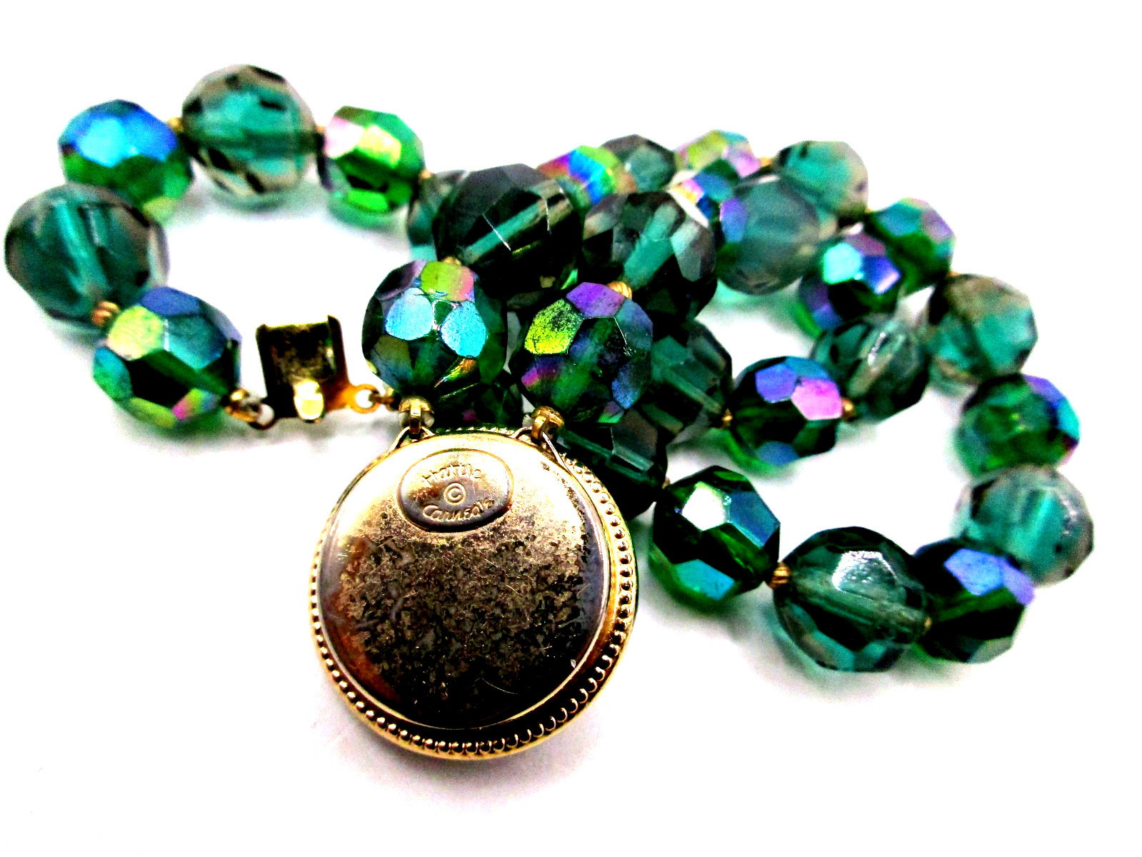 Vintage 50s Signed Hattie Carnegie Green Aurora Borealis AB Crystals Bracelet