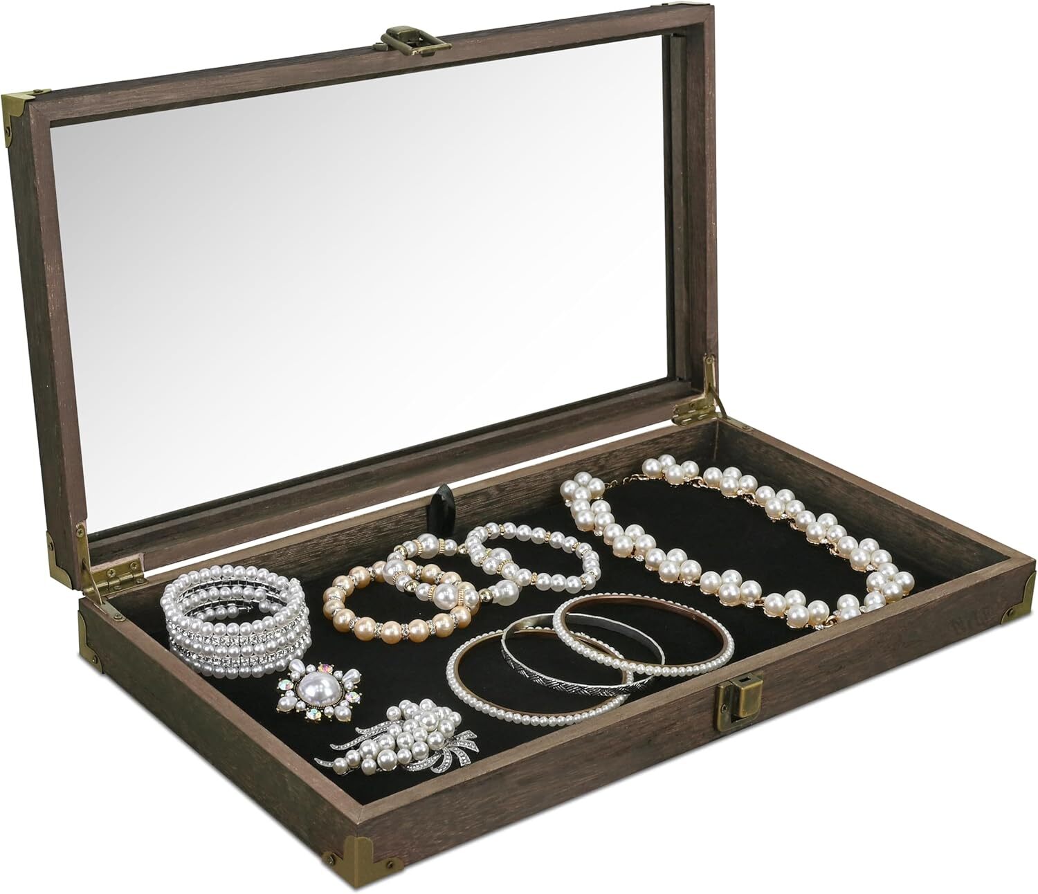 Wooden knife display case, tempered glass, black velvet mat, metal hinges, brown