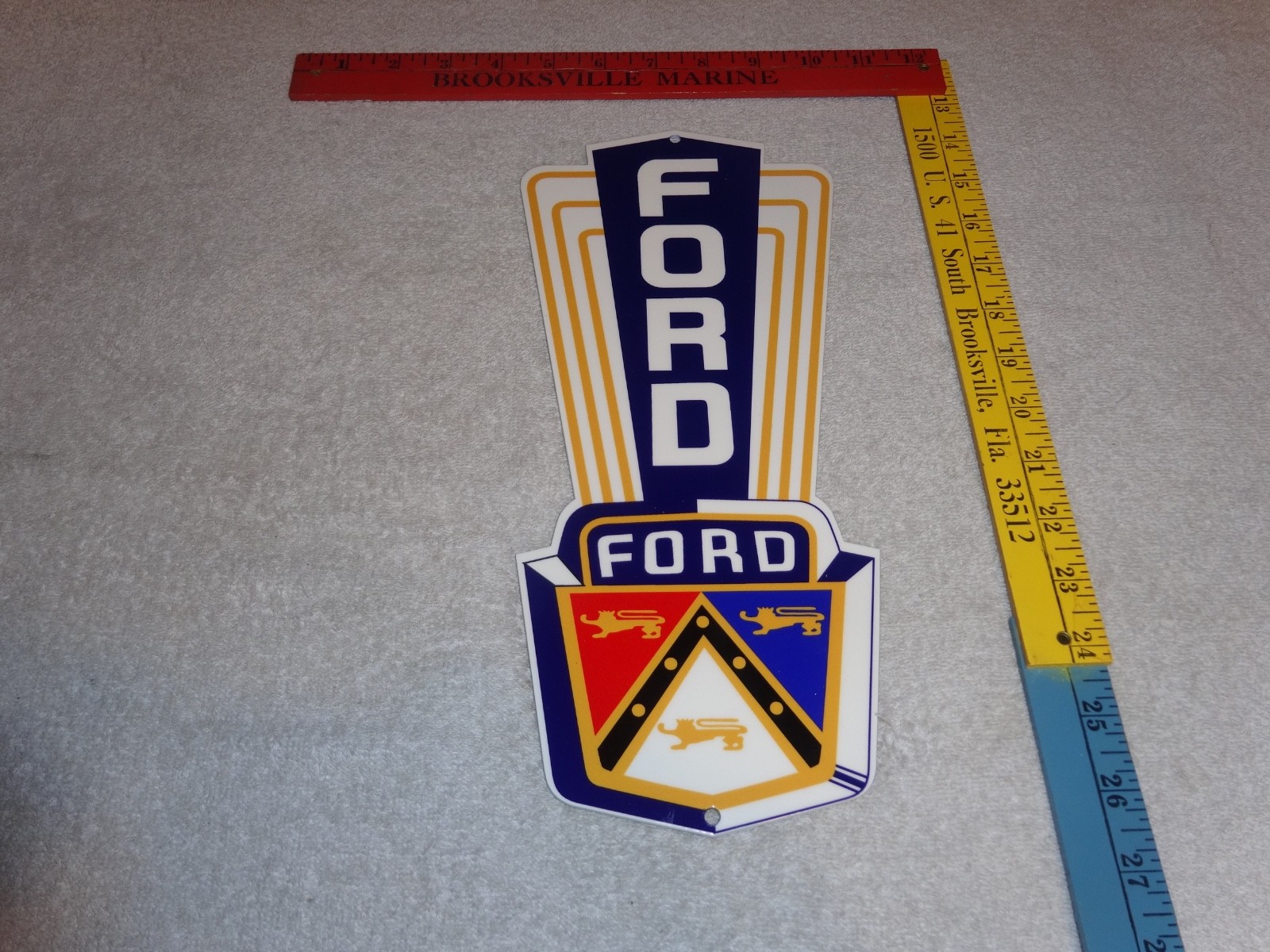 VINTAGE FORD JUBILEE DIECUT CAR & TRUCK DEALER 13" BAKED METAL GASOLINE OIL SIGN