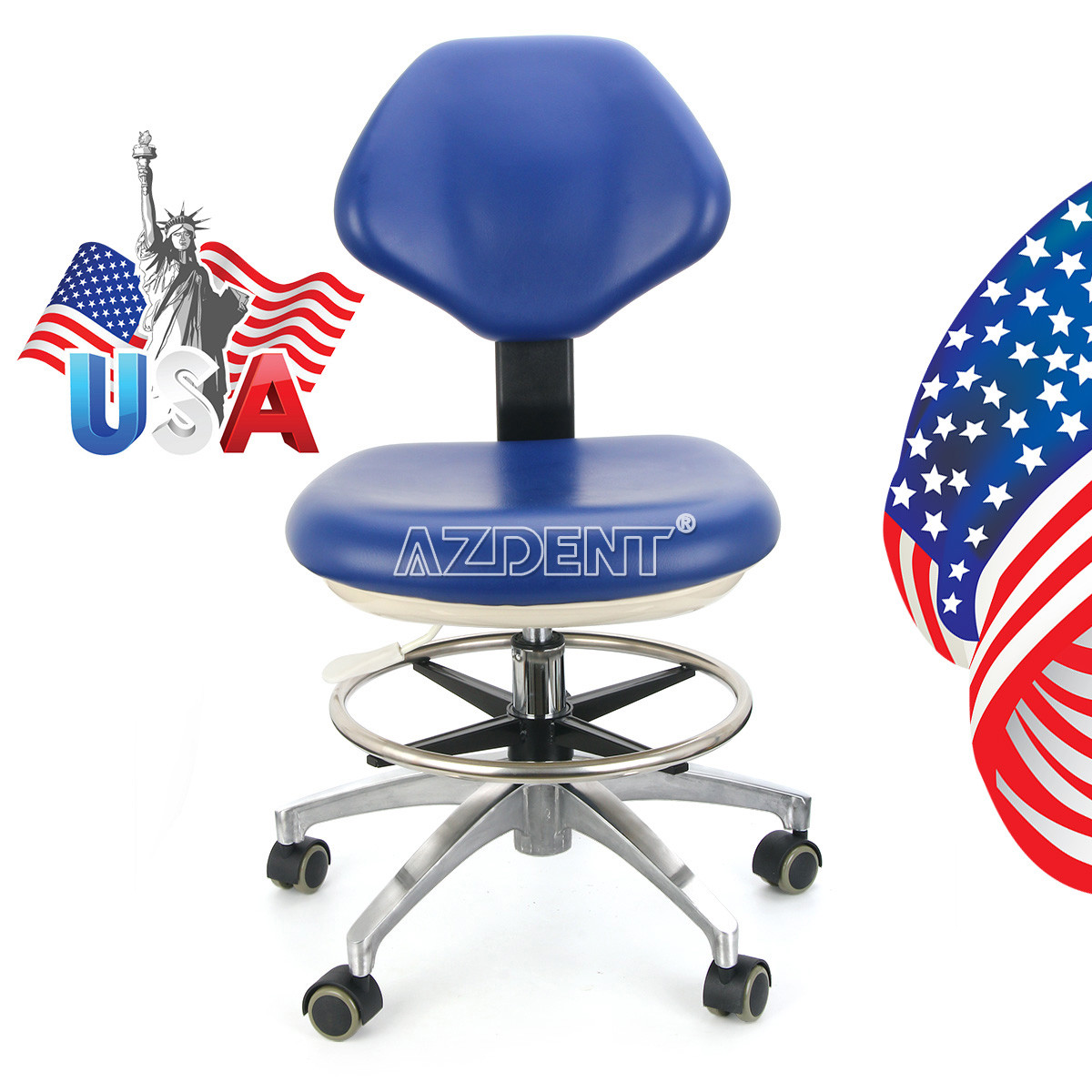 Dental Adjustable Stool Doctor Chair Hydraulic Rolling Stool PU Leather Blue