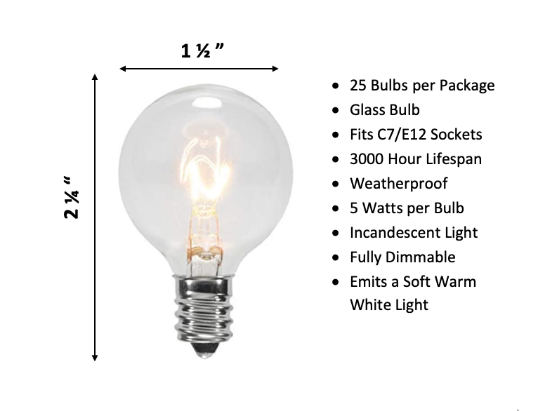 25 Pack G40 Outdoor Patio Globe Replacement Bulbs Clear C7 E12 Base Patio Lights