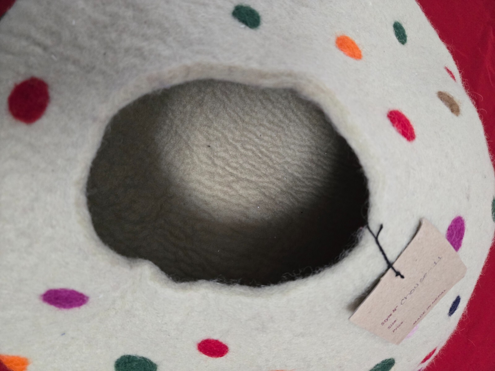 Hand Made in Nepal Felted Wool Cat Cave Light Beige w/ Multicolor Polka Dots
