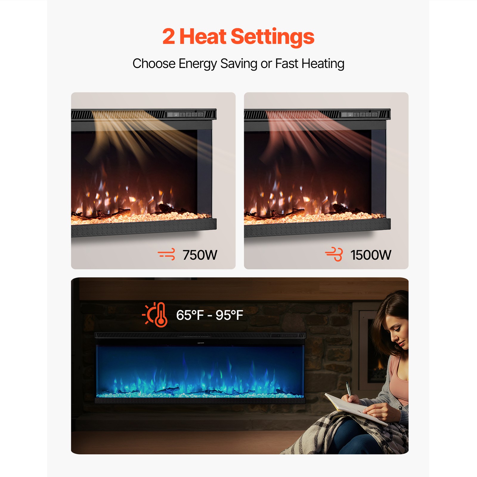 Uimoso 50-Inch Electric Fireplace Three-Sided Glass Wall-Mount & Recessed 1500W