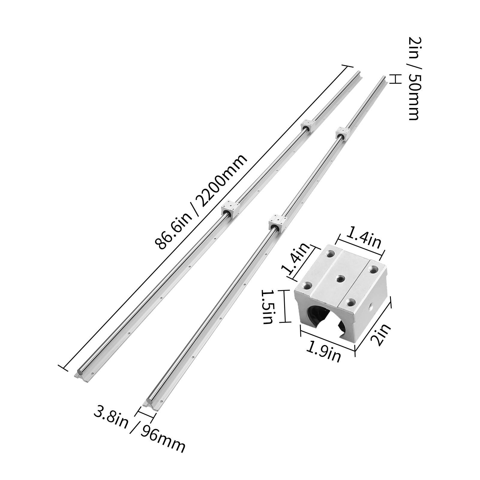 VEVOR 2PCS SBR20 2200mm Linear Guide Rail Slide Rail 4 PCS SBR20UU Bearing Block