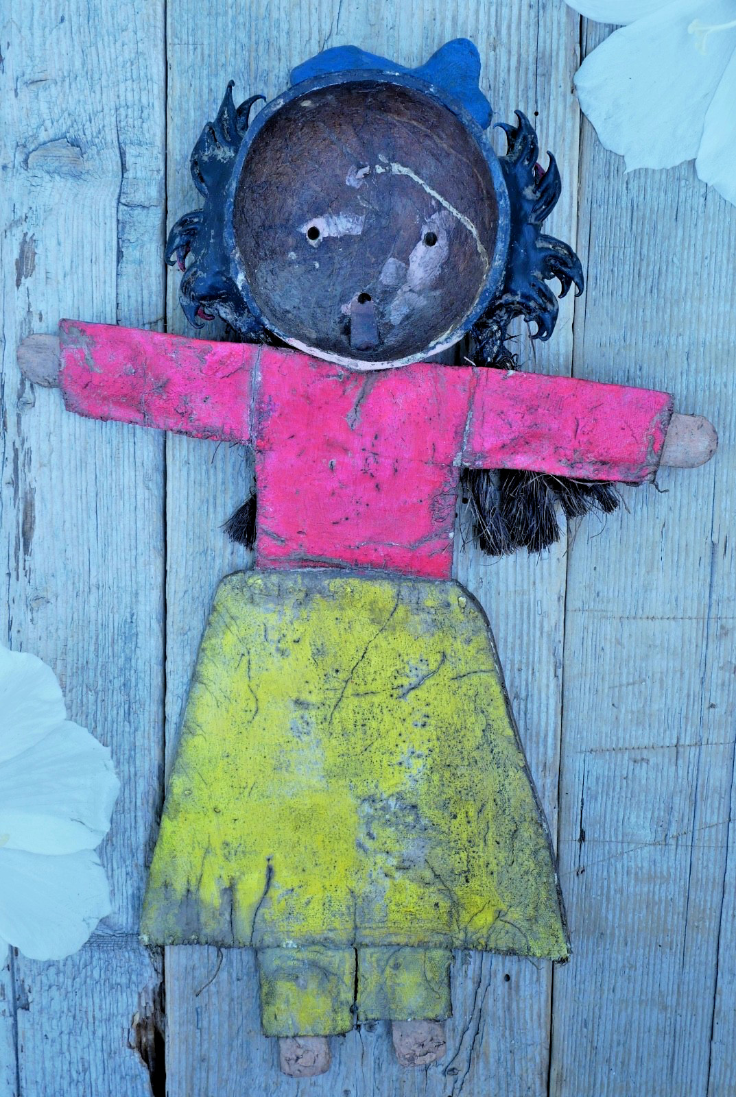 Girl Fish Hat Hand Painted Bird & Deer Handmade Canvas & Coconut Mexico Folk Art