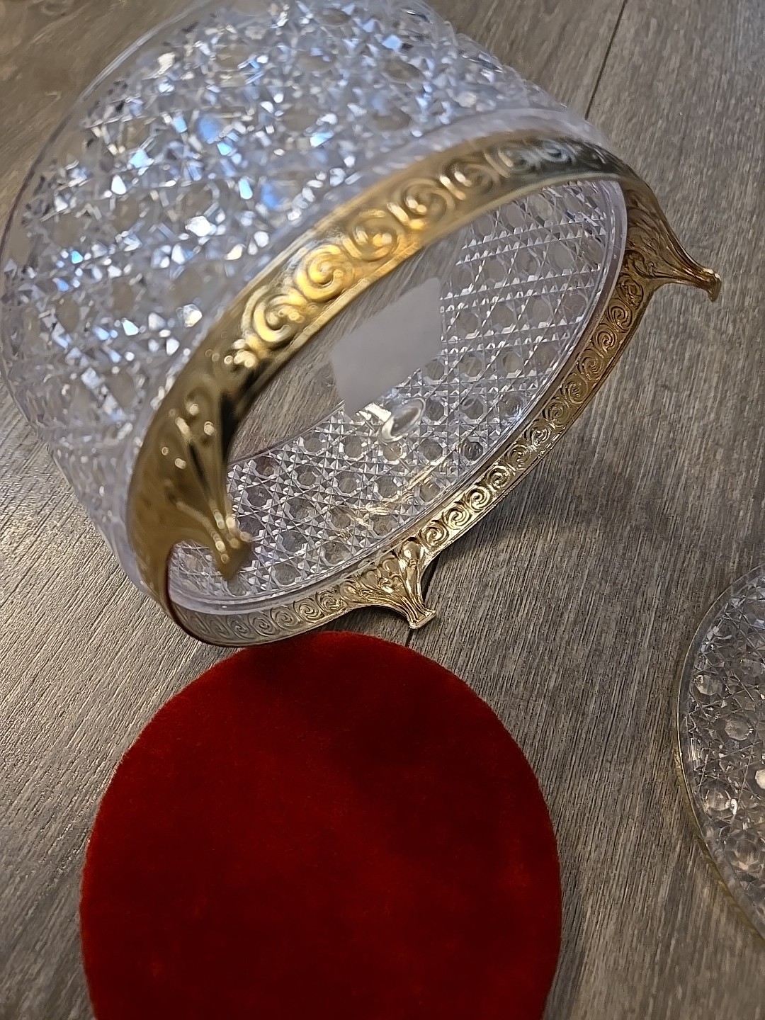 Vintage Avon Powder Box Hollywood Regency Cut Crystal Plastic w Red Puff Vanity